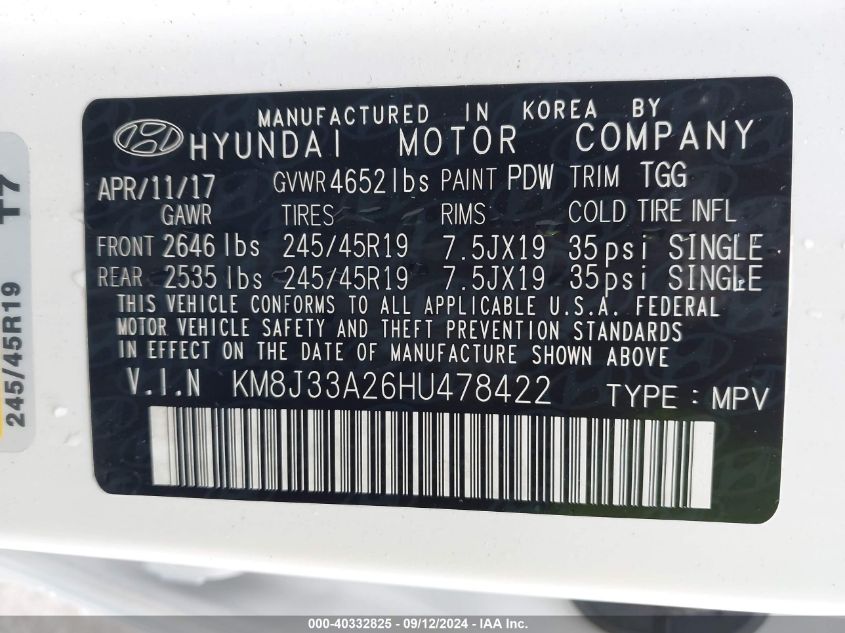 KM8J33A26HU478422 2017 Hyundai Tucson Limited/Sport And Eco/Se