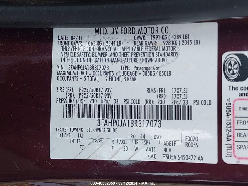 2011 Ford Fusion Sel VIN: 3FAHP0JA1BR317073 Lot: 40332859