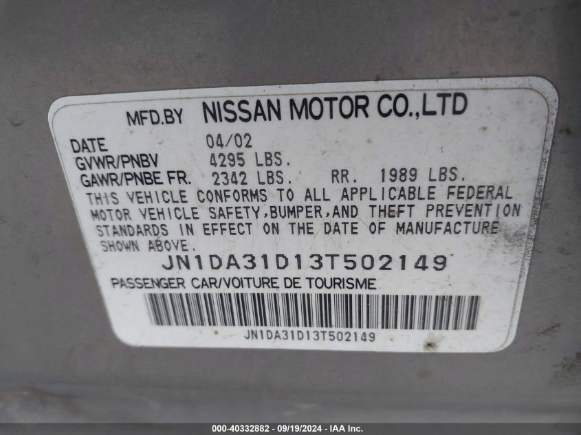 2003 Nissan Maxima Se VIN: JN1DA31D13T502149 Lot: 40332882