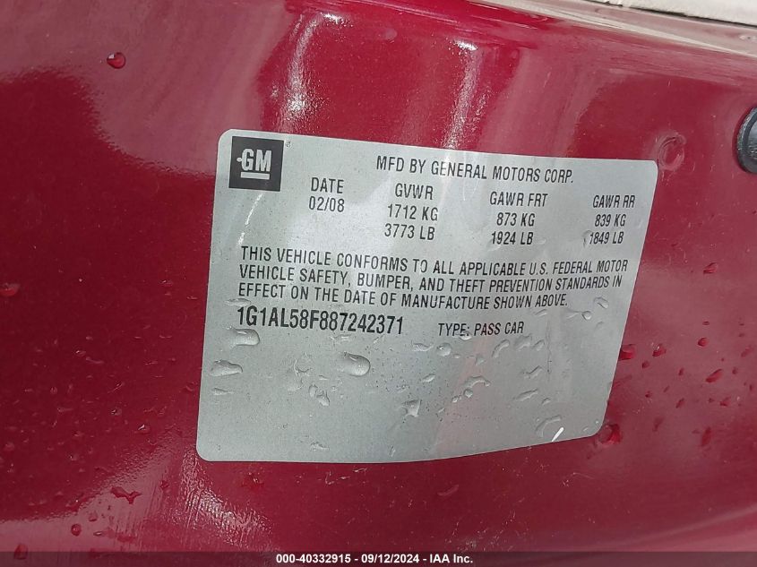2008 Chevrolet Cobalt Lt VIN: 1G1AL58F887242371 Lot: 40332915