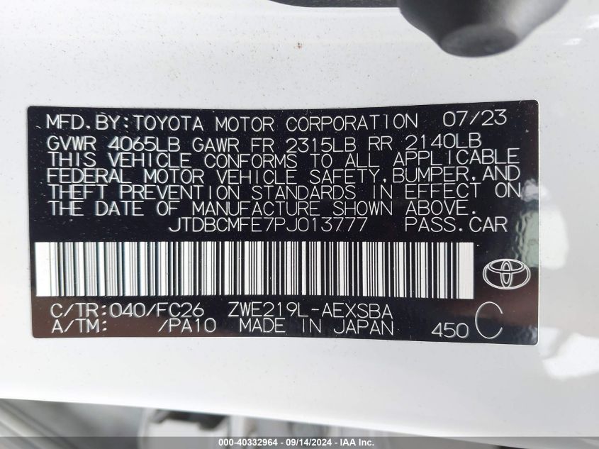 2023 Toyota Corolla Hybrid Se VIN: JTDBCMFE7PJ013777 Lot: 40332964