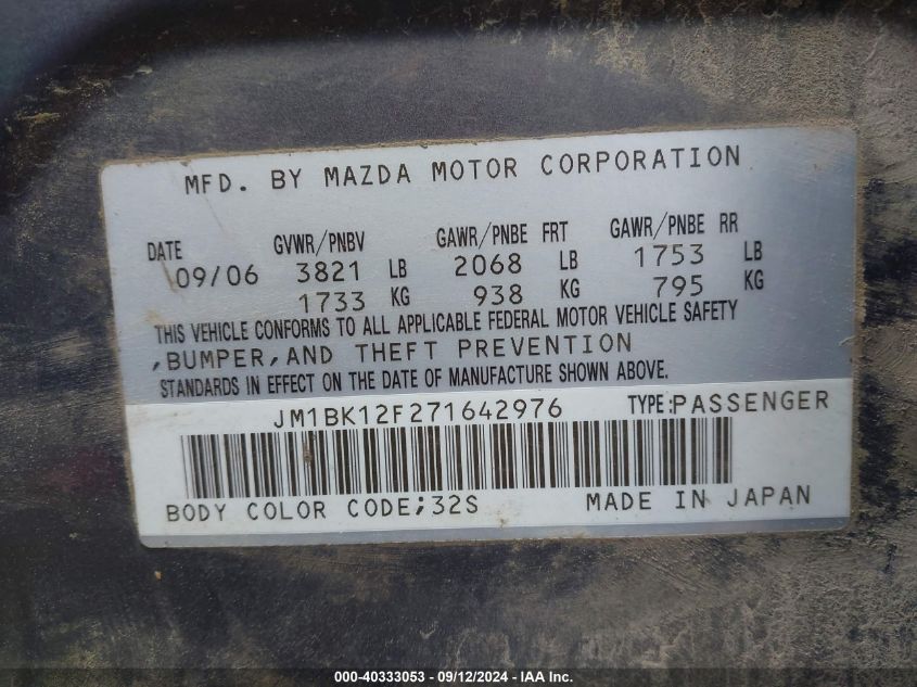 JM1BK12F271642976 2007 Mazda Mazda3 I