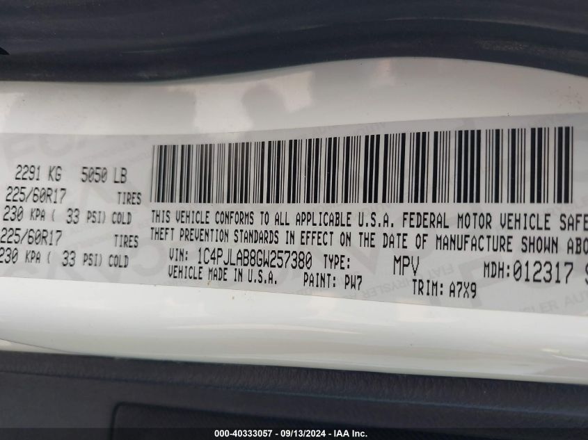 2016 Jeep Cherokee Sport VIN: 1C4PJLAB8GW257380 Lot: 40333057