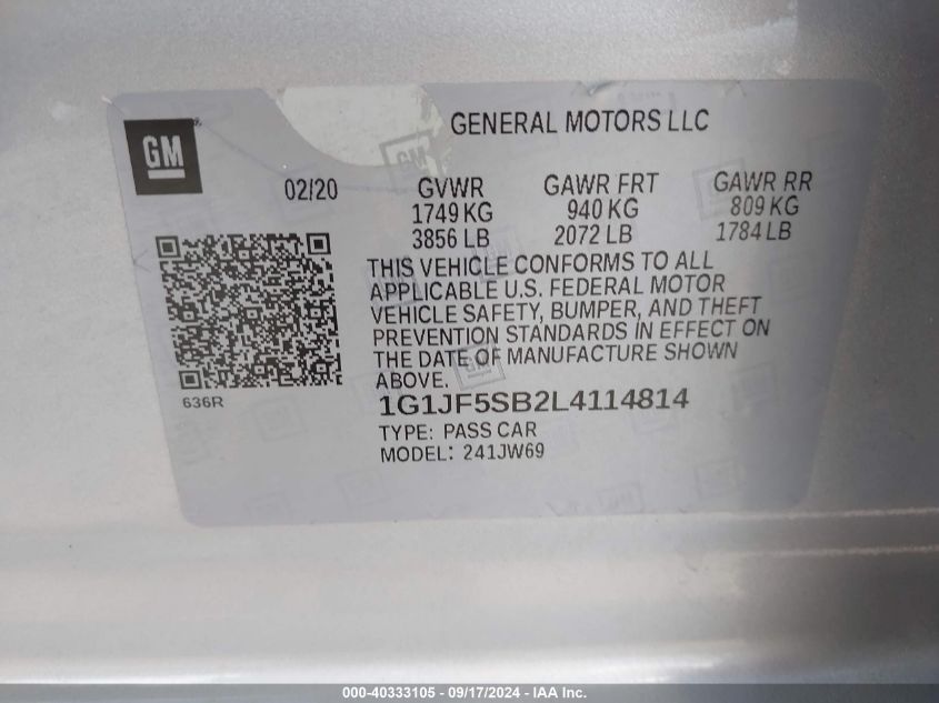 1G1JF5SB2L4114814 2020 Chevrolet Sonic Fwd Premier