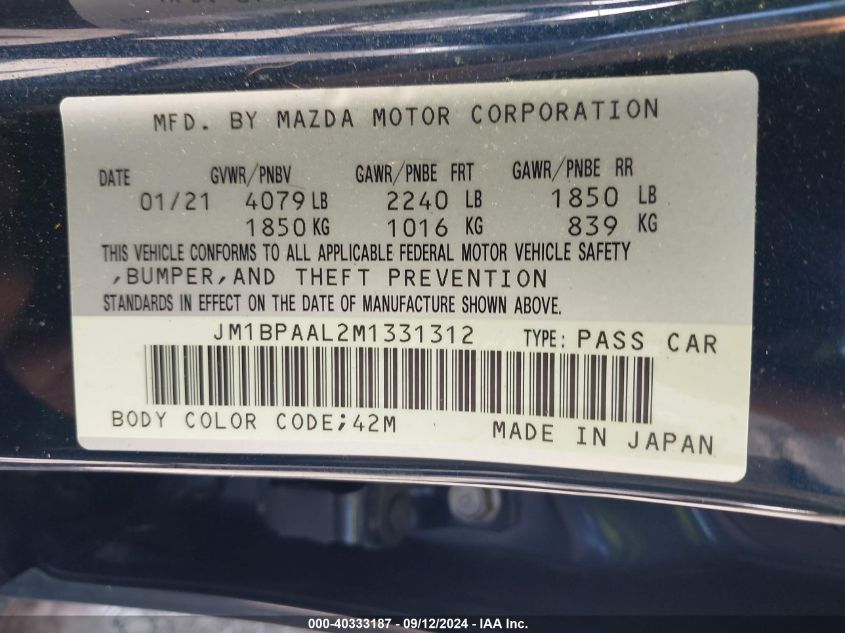 2021 Mazda Mazda3 2.5 S VIN: JM1BPAAL2M1331312 Lot: 40333187