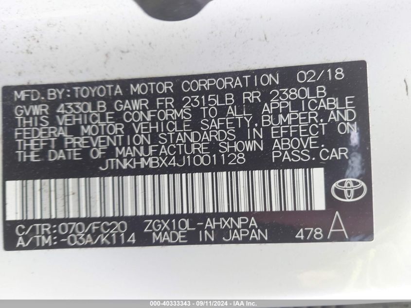 2018 Toyota C-Hr Xle VIN: JTNKHMBX4J1001128 Lot: 40333343