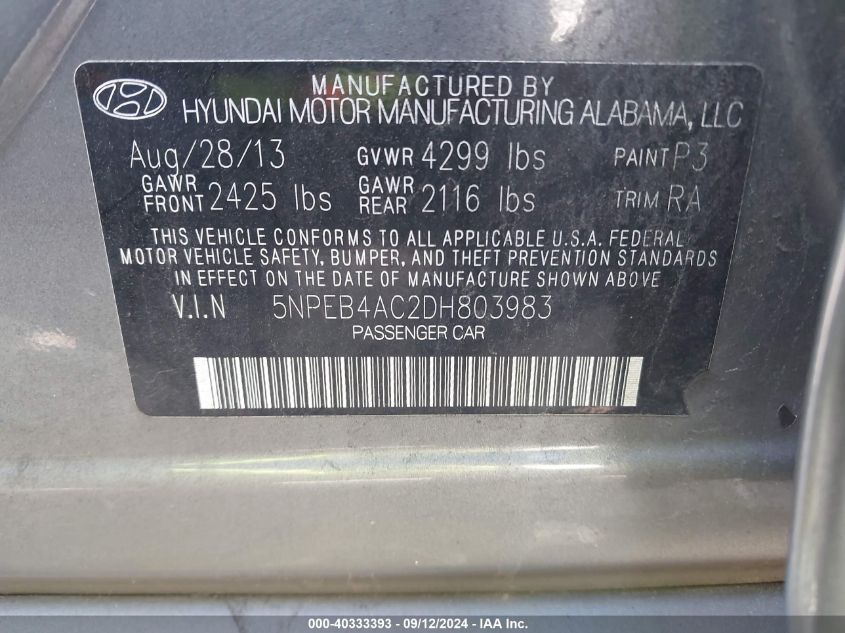 5NPEB4AC2DH803983 2013 Hyundai Sonata Gls