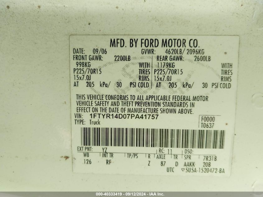 1FTYR14D07PA41757 2007 Ford Ranger Stx/Xl/Xlt