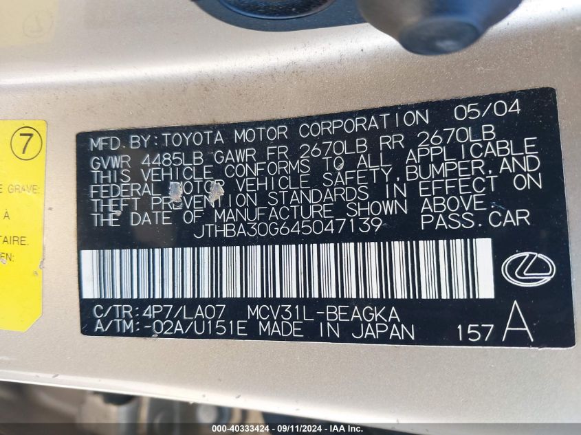 JTHBA30G645047139 2004 Lexus Es 330