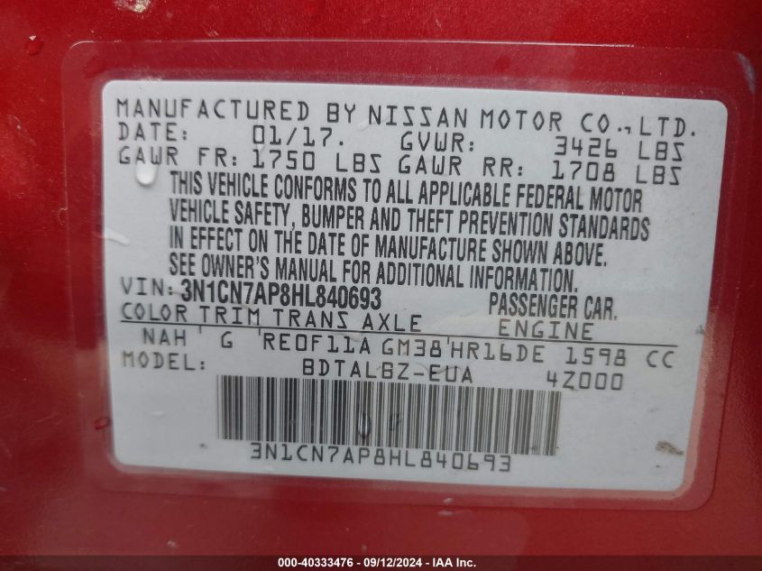 3N1CN7AP8HL840693 2017 Nissan Versa 1.6 Sv