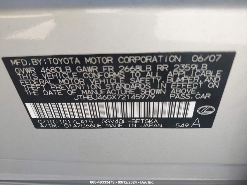 JTHBJ46GX72145979 2007 Lexus Es 350