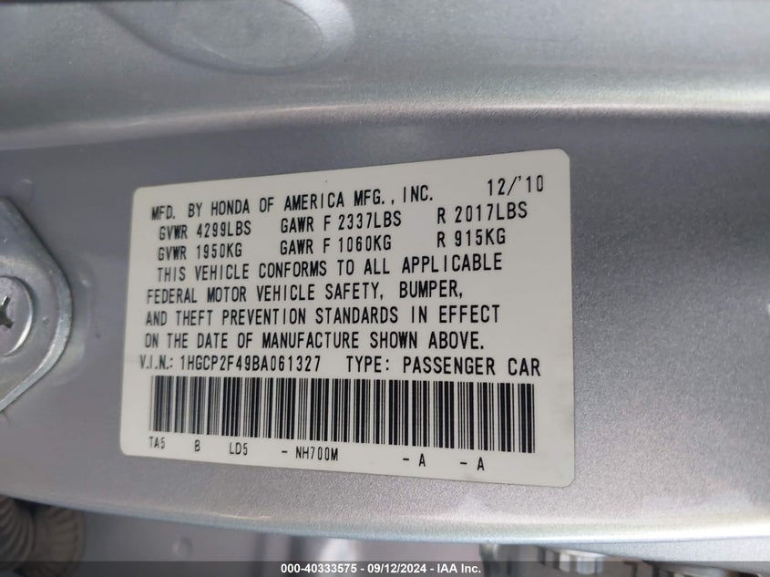 2011 Honda Accord 2.4 Lx-P VIN: 1HGCP2F49BA061327 Lot: 40333575