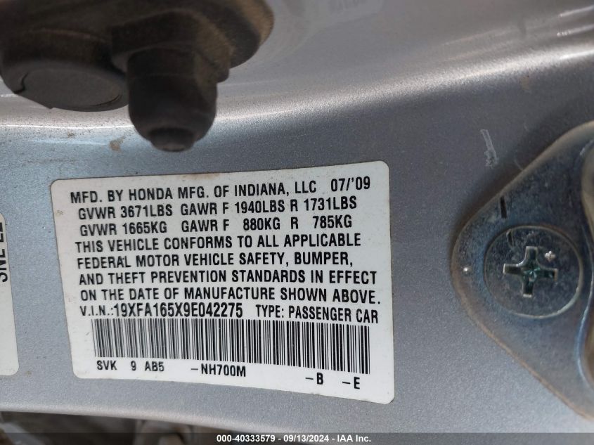 2009 Honda Civic Lx VIN: 19XFA165X9E042275 Lot: 40333579