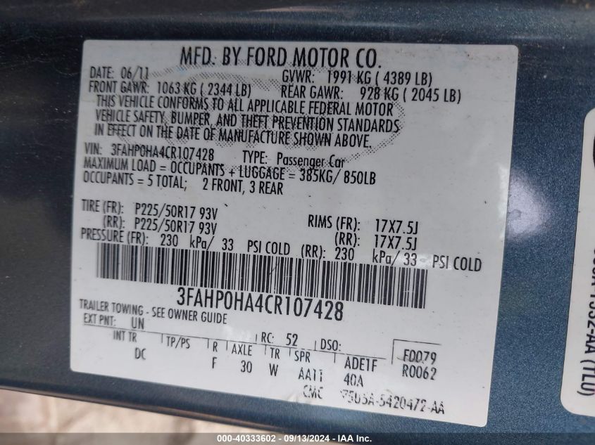 2012 Ford Fusion Se VIN: 3FAHP0HA4CR107428 Lot: 40333602