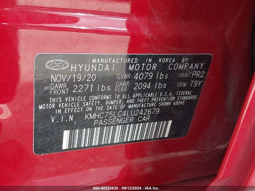 2020 Hyundai Ioniq Hybrid Se VIN: KMHC75LC4LU242679 Lot: 40333638