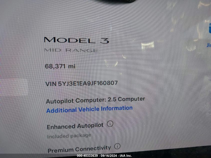 2018 Tesla Model 3 VIN: 5YJ3E1EA9JF160807 Lot: 40333639