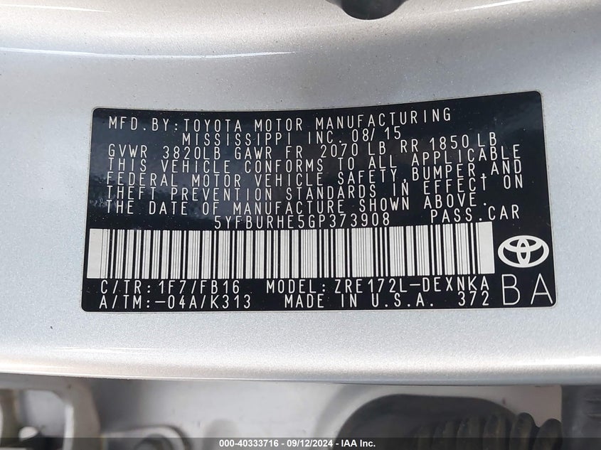 2016 TOYOTA COROLLA LE PLUS - 5YFBURHE5GP373908