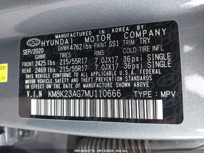 2021 Hyundai Kona Sel VIN: KM8K23AG7MU110666 Lot: 40333719