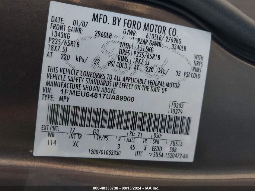 1FMEU64817UA89900 2007 Ford Explorer Eddie Bauer