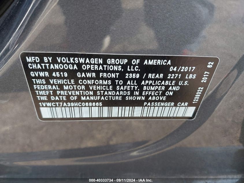 1VWCT7A39HC068665 2017 Volkswagen Passat 1.8T Sel Premium