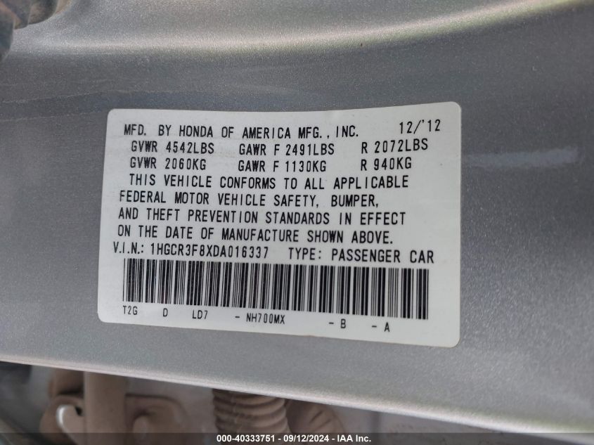 1HGCR3F8XDA016337 2013 Honda Accord Exl