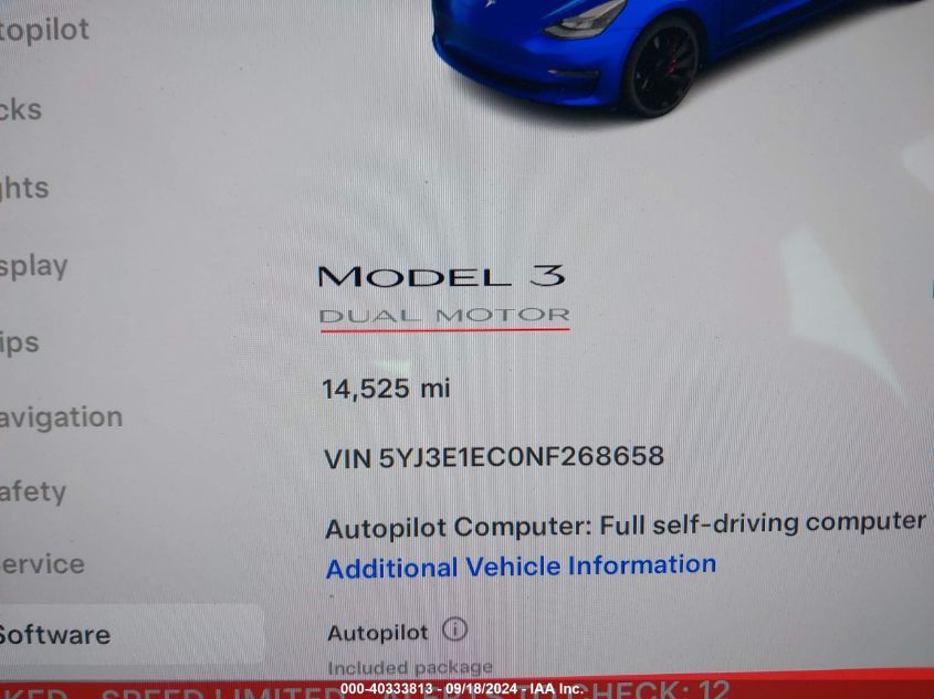 2022 Tesla Model 3 VIN: 5YJ3E1EC0NF268658 Lot: 40333813