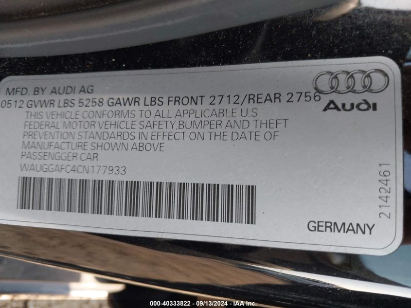 2012 Audi A6 Premium Plus VIN: WAUGGAFC4CN177933 Lot: 40333822