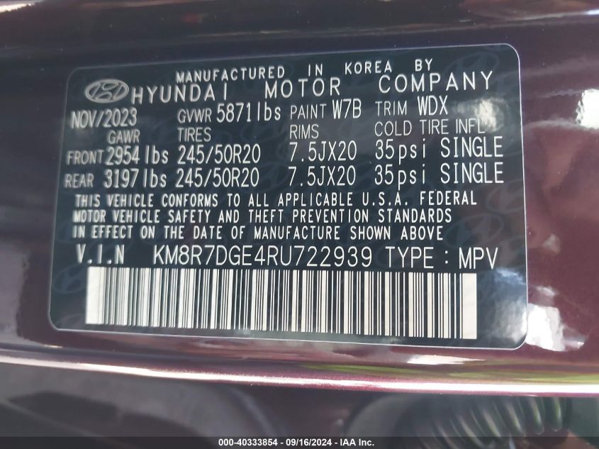 2024 Hyundai Palisade Calligraphy VIN: KM8R7DGE4RU722939 Lot: 40333854