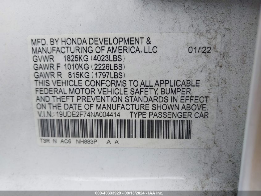 19UDE2F74NA004414 2022 Acura Ilx Premium Package