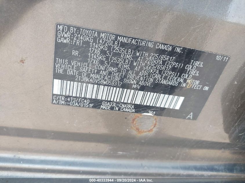 2011 Toyota Rav4 Base V6 VIN: 2T3BK4DV5BW059317 Lot: 40333944