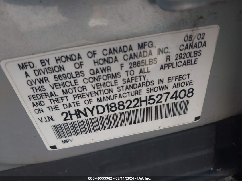 2HNYD18822H527408 2002 Acura Mdx