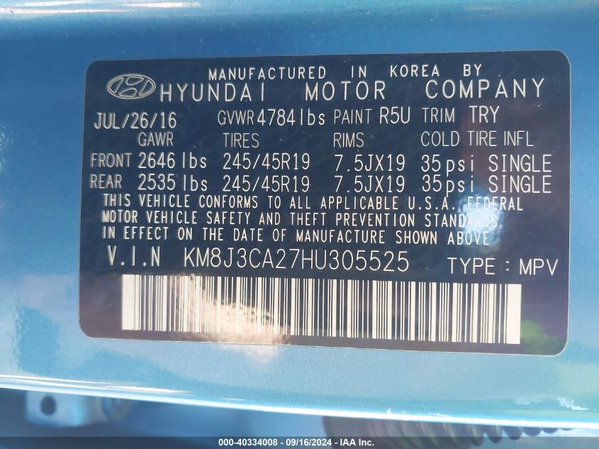 KM8J3CA27HU305525 2017 Hyundai Tucson Limited