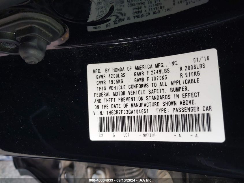 1HGCR2F33GA104651 2016 Honda Accord Lx