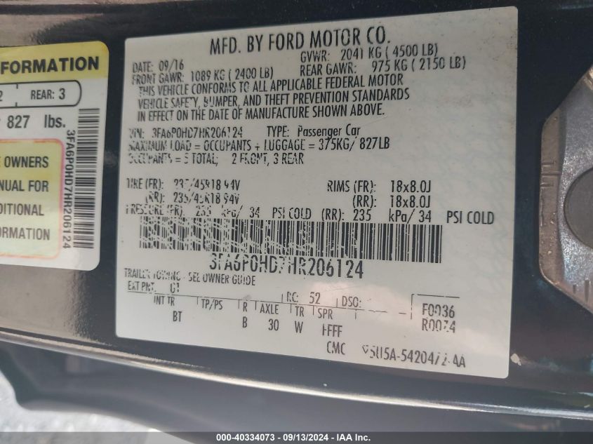 2017 FORD FUSION SE - 3FA6P0HD7HR206124