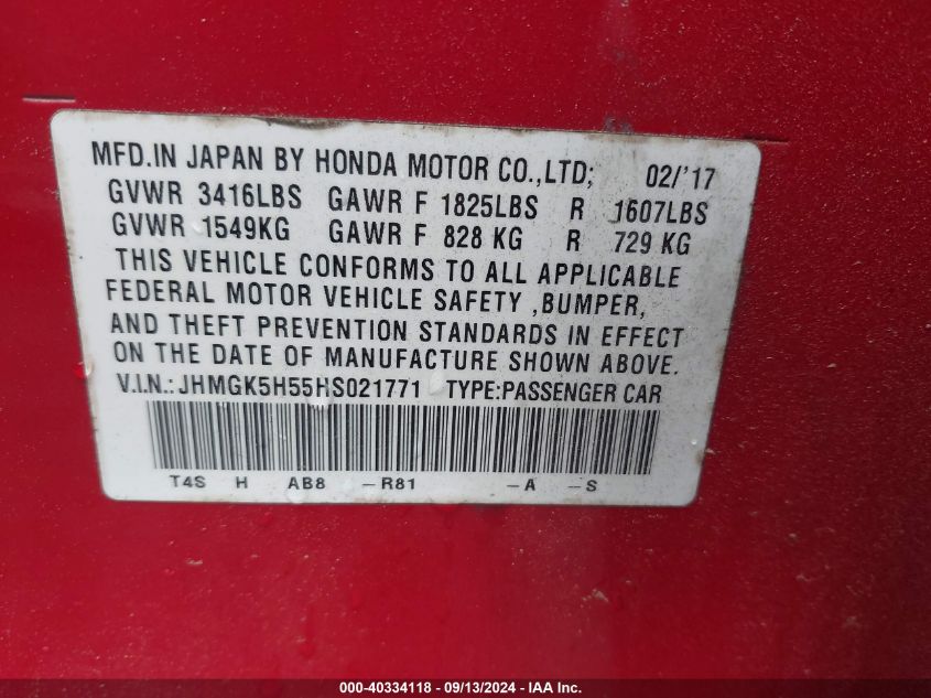 2017 Honda Fit Lx VIN: JHMGK5H55HS021771 Lot: 40334118