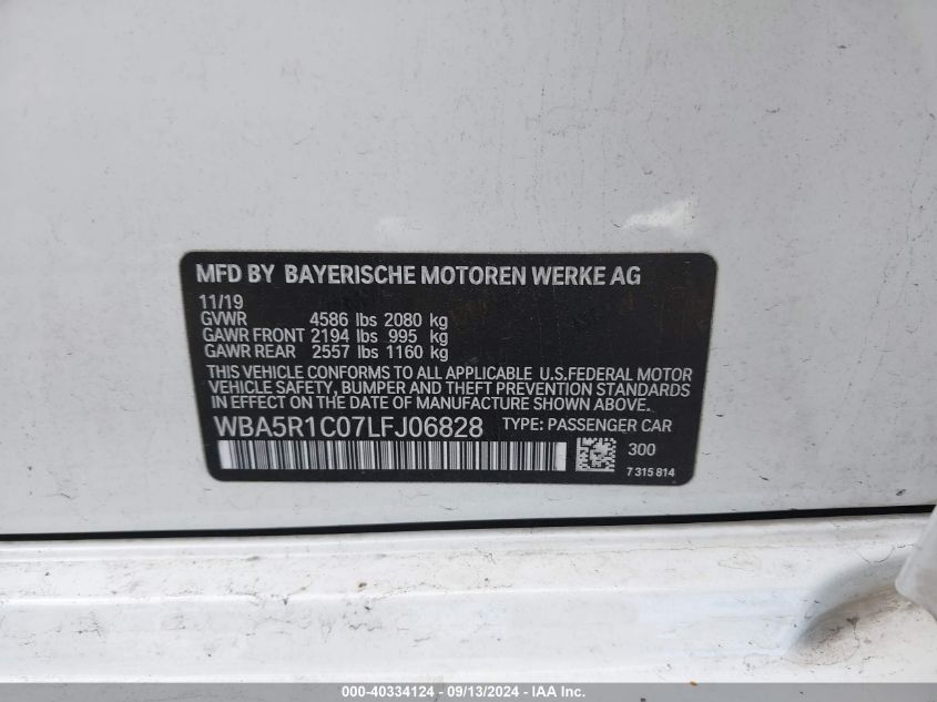 2020 BMW 330I VIN: WBA5R1C07LFJ06828 Lot: 40334124