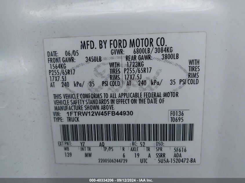 1FTRW12W45FB44930 2005 Ford F-150 Xlt