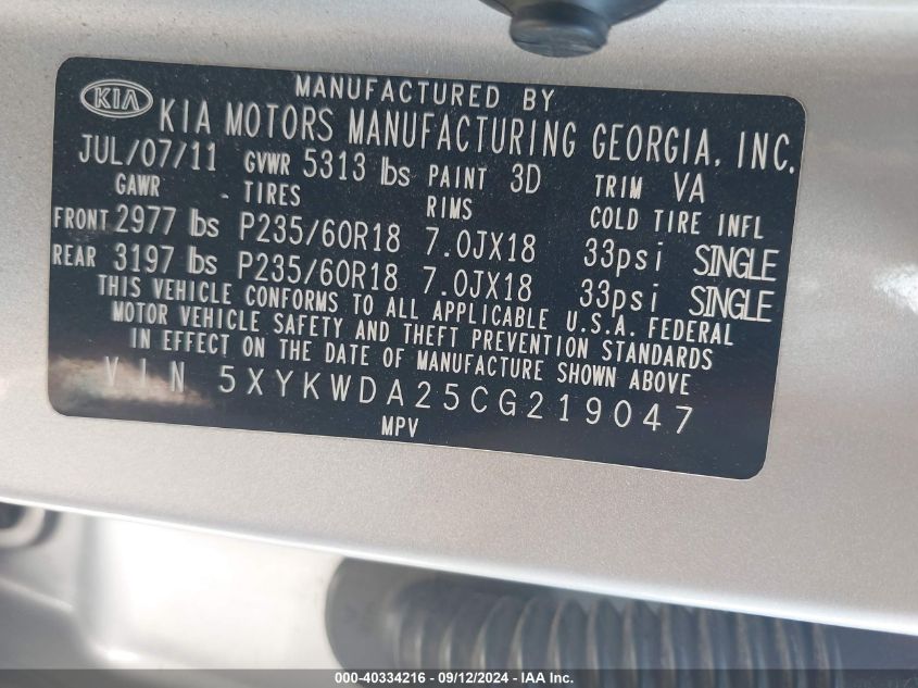 5XYKWDA25CG219047 2012 Kia Sorento Sx V6