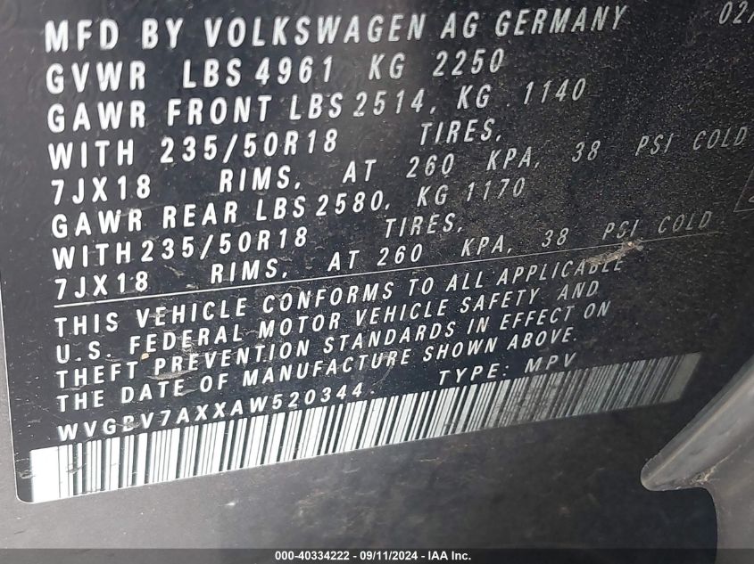 WVGBV7AXXAW520344 2010 Volkswagen Tiguan Sel