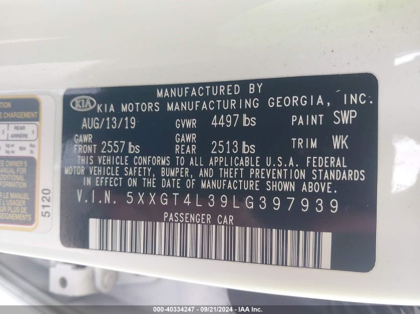 2020 Kia Optima Lx VIN: 5XXGT4L39LG397939 Lot: 40334247