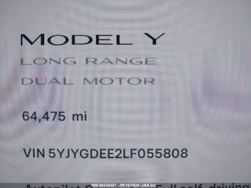 2020 TESLA MODEL Y LONG RANGE DUAL MOTOR ALL-WHEEL DRIVE - 5YJYGDEE2LF055808