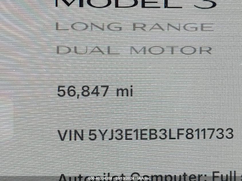 2020 Tesla Model 3 VIN: 5YJ3E1EB3LF811733 Lot: 40334358