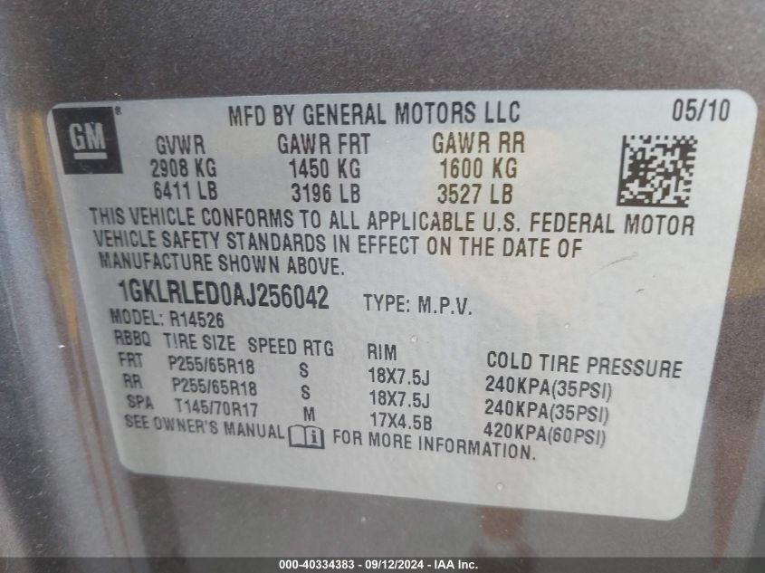 1GKLRLED0AJ256042 2010 GMC Acadia Sle