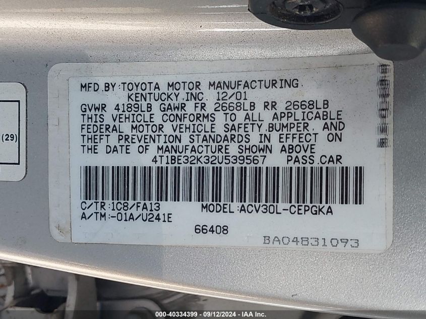 4T1BE32K32U539567 2002 Toyota Camry Xle