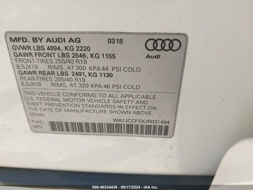 WA1JCCFSXJR031494 2018 Audi Q3 2.0T Sport Premium