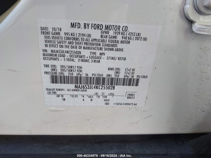 VIN MAJ6S3JL4KC255028 2019 FORD ECOSPORT SES