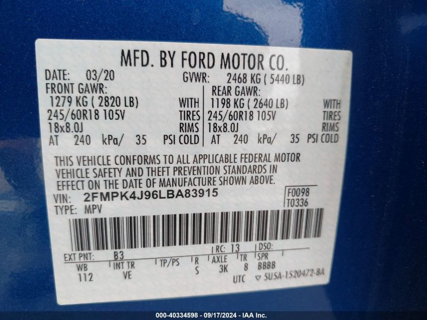 2FMPK4J96LBA83915 2020 Ford Edge Sel