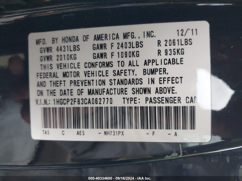 1HGCP2F83CA062770 2012 Honda Accord Sdn Ex-L