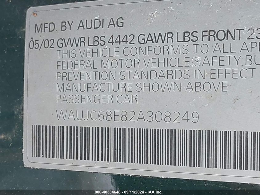 WAUJC68E82A308249 2002 Audi A4 1.8T