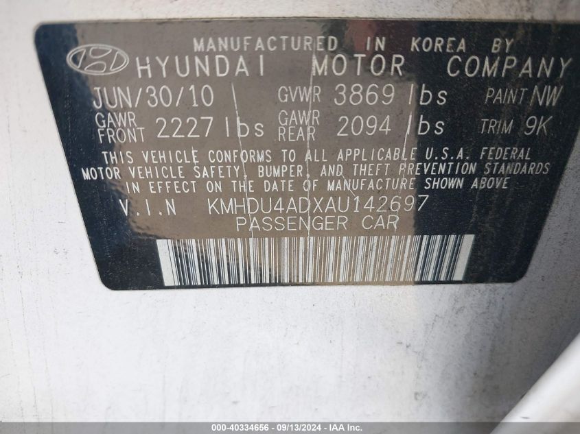 2010 Hyundai Elantra Gls VIN: KMHDU4ADXAU142697 Lot: 40334656